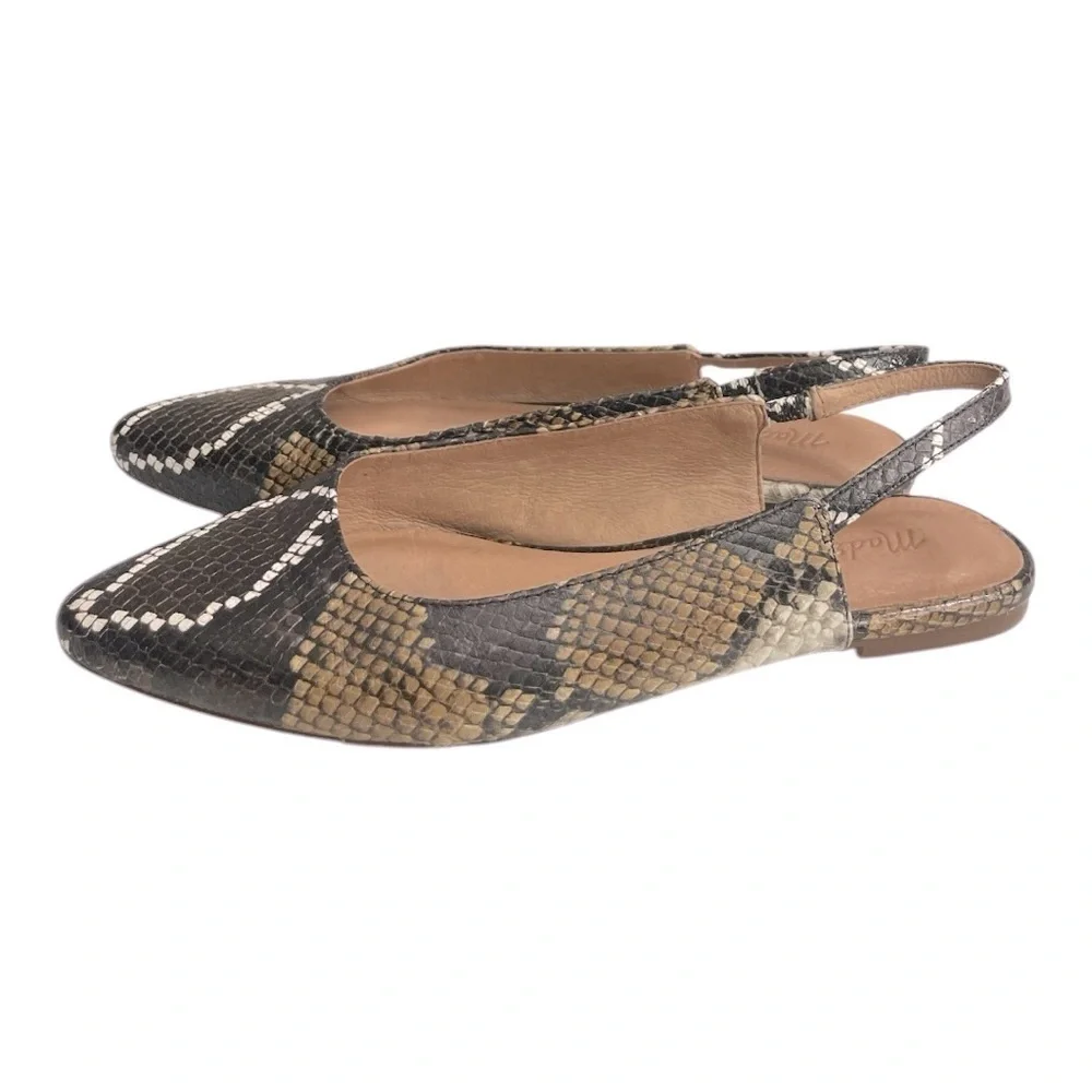 Madewell Margot Flats Brown Leather Snake Multi Print Slingback Shoes Size 7